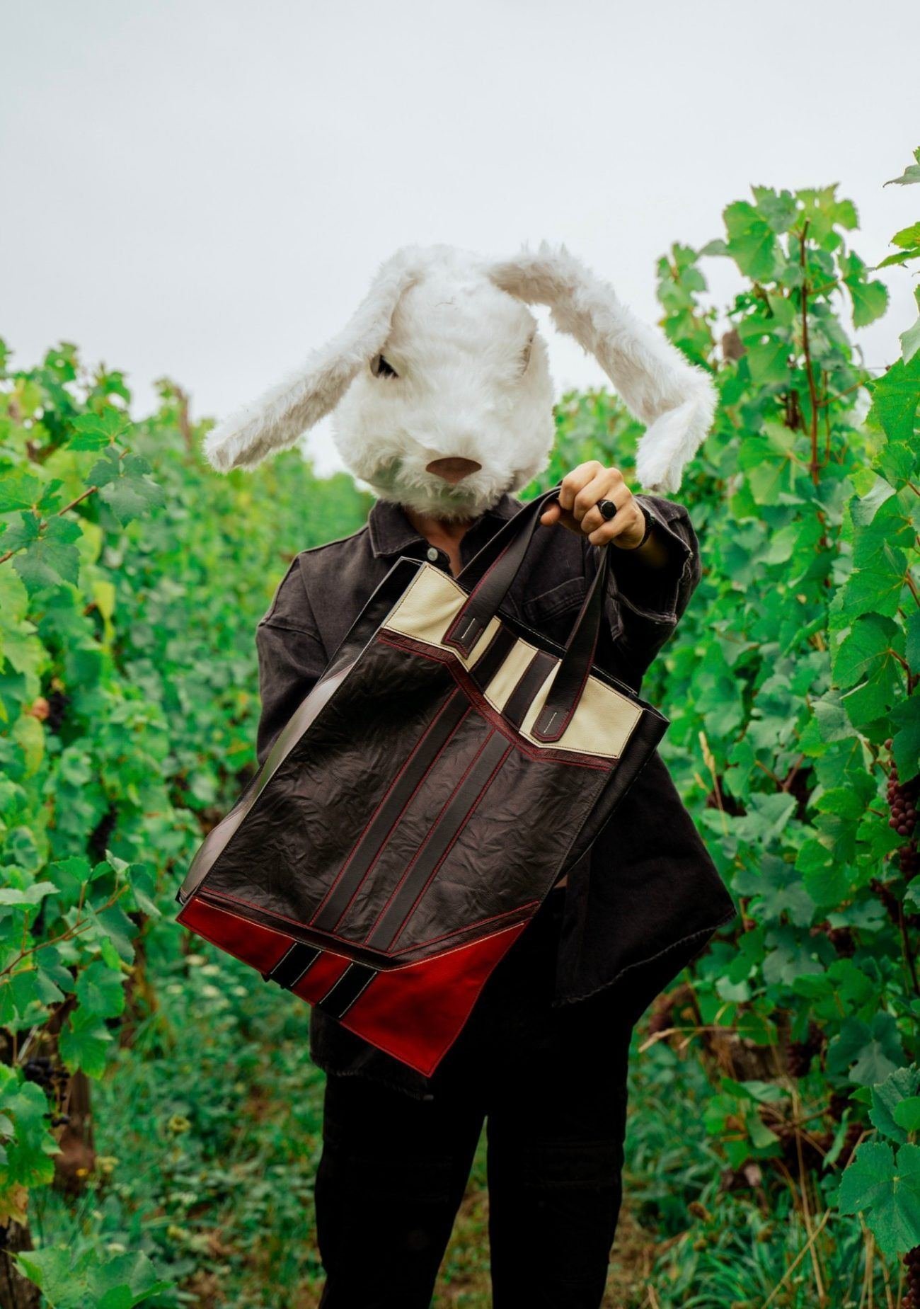 Cabas en cuir tricolore noir, écru et rouge, porté à la main dans une vigne